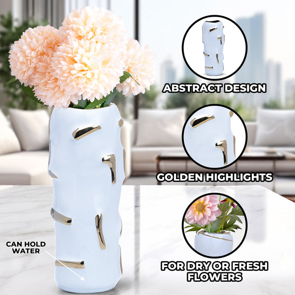 Elegant White Ceramic Vase With Golden Accents For Fresh & Faux Flowers - Bohemian Centerpiece