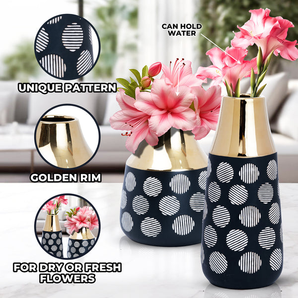 Black Ceramic Tulip Vase With White Abstract, Golden Rim - Modern Farmhouse Decor For Tables