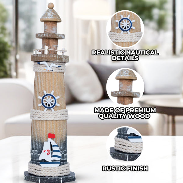 Rustic Brown Wood Miniature Lighthouse Model - Coastal Nautical Marine Desk Statue & Housewarming Gift