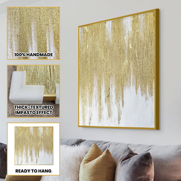 Golden Boho Bliss - Large Abstract Canvas Art In Gold Frame, Textured 3D Living Room Masterpiece