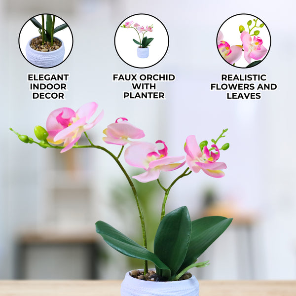 Lifelike Pink Orchid In White Planter - Polyresin & Fiberglass Potted Fake Plant For Desk, Shelf, And Home Decor