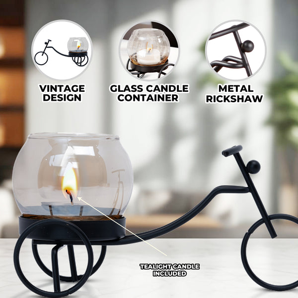 Vintage Iron Rickshaw Candle Holder With Glass Tealight - Black Metal Decor For Table Centerpiece