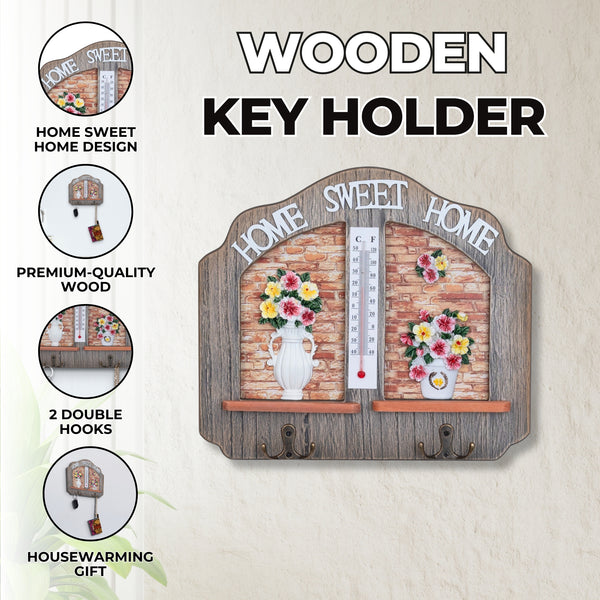Farmhouse Wooden Key Holder With Vase Design - HOME SWEET HOME Thermometer & Double Hooks, Beige by Accent Collection
