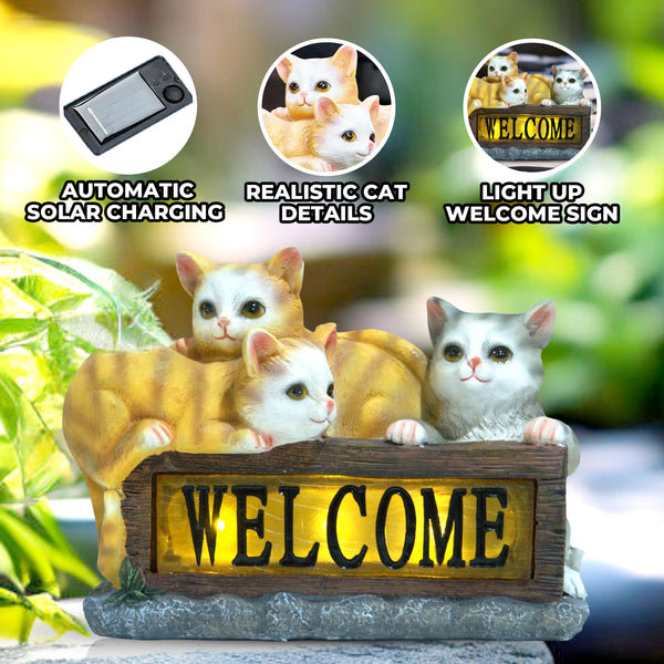 Cute Solar Cat Garden Statue With Lit Welcome Sign, 8" Outdoor Decor, Gift