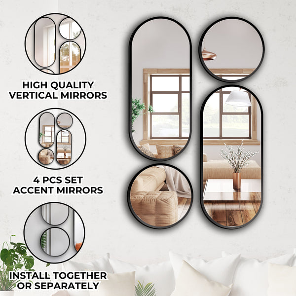 4 Pieces Accent Mirror Set, Vertical Glass Mirrors, Art on Wall, Black Modern Wall Art Decor for Living Room,  27 inch 68 cm