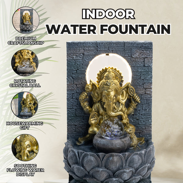 Indoor Water Fountain with Ganesha Statue, Table Fountain, Lights and Revolving Crystal Ball, Housewarming Gift, Diwali Decor