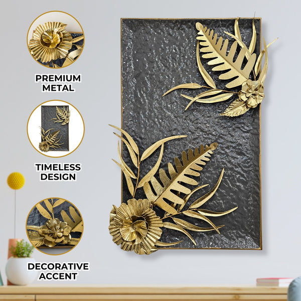 Large Metal Wall Art, 27" Floral Wall Decor, Gray Gold Home Office Decor