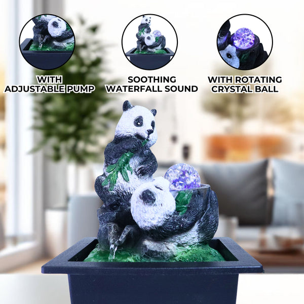 Indoor Fountain with Cute Panda Statues 11" Desktop Waterfall