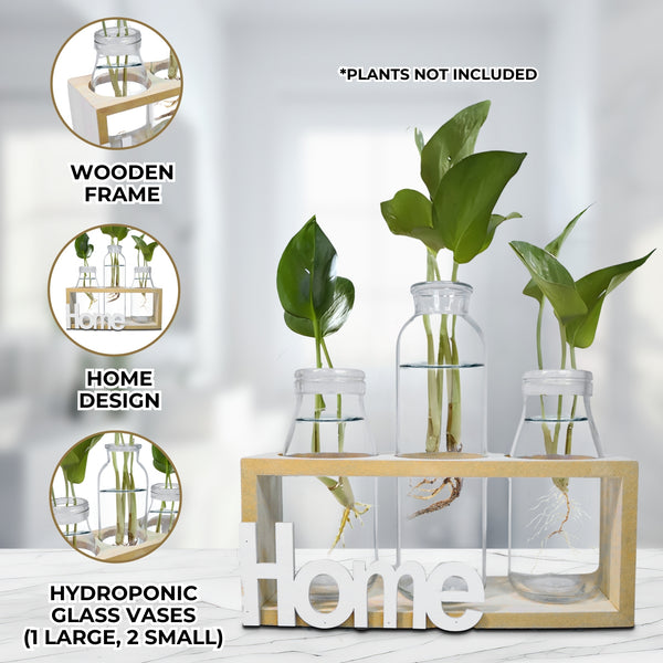 Hydroponic Glass Vases 1 Large, 2 Small, Propagation Pot, Terrarium Glass, Brown Wooden Support Home Design Tabletop Centerpiece 8 inch 20 cm | Home Decor