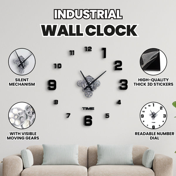 Large Black 3D DIY Wall Clock Kit With Moving Gears - Frameless, Silent, Minimalist Design For Living Room by Accent Collection