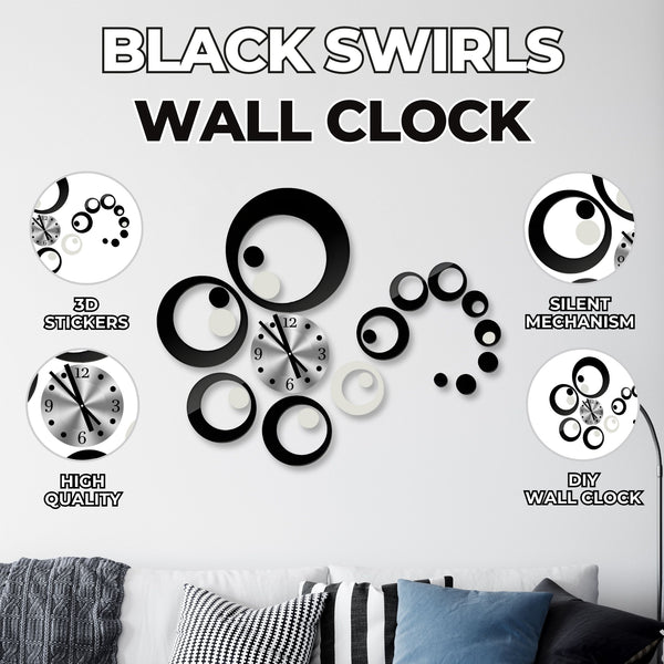 Black Swirls 3D DIY Wall Clock Kit, Minimalist Thick Stickers, Luxury Living Room Decor by Accent Collection