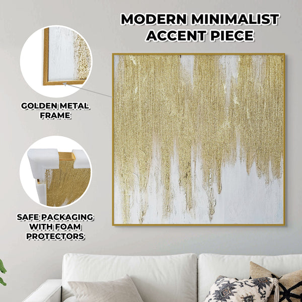 Golden Boho Bliss - Large Abstract Canvas Art In Gold Frame, Textured 3D Living Room Masterpiece