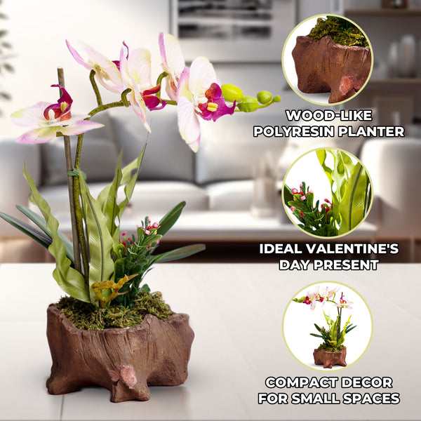 Realistic Faux Orchid In Brown Wood-Like Polyresin Planter For Elegant Home Decor