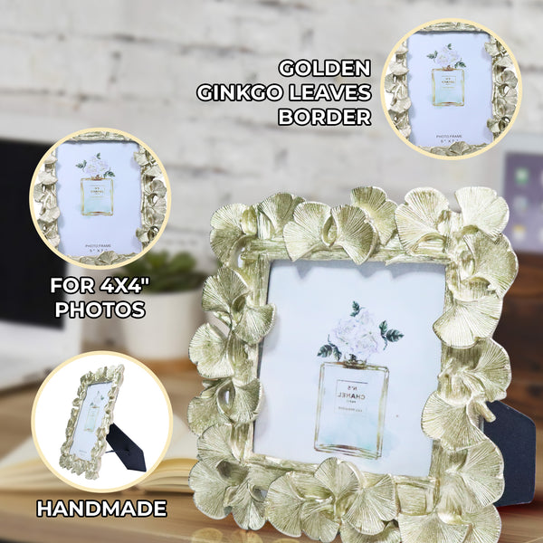 4x4in Photo Frame, Golden Ginkgo Leaves Frame Border, 3D Frame, Handmade Decorative Photo Holder 6in 16cm by Accent Collection