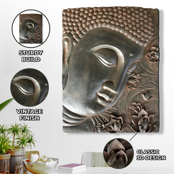 Large Buddha Wall Sculpture, 22" 3D Wall Hanging, Brown Home Decor