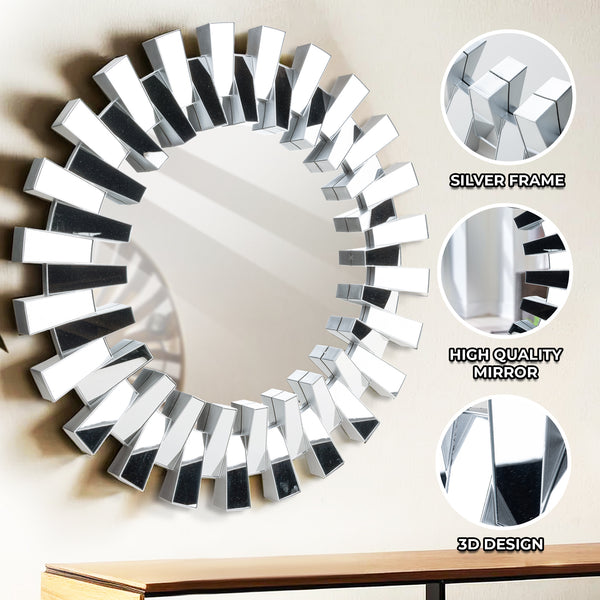 Silver Round Glass Mirror, 29" 3D Wall Decor for Living Room