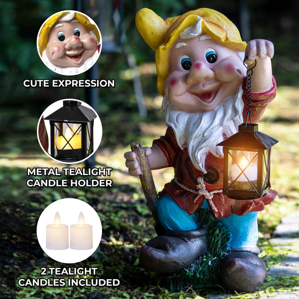 Outdoor Gnome Statue Polyresin with Metal Tealight Candle Holder, Large Garden Gnome, Yellow Hat, Yard Decor 16 inch 40 cm
