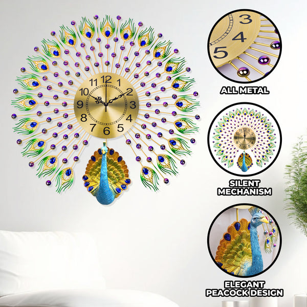 Peacock Metal Wall Clock, 28" Analog Silent Clock for Office