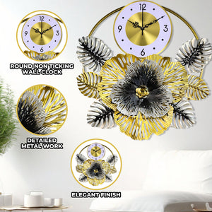 Floral Metal Wall Clock, 24" Home Decor, Silent Nonticking Extra Large Decorative Clock Wall Decor by Sona Casa