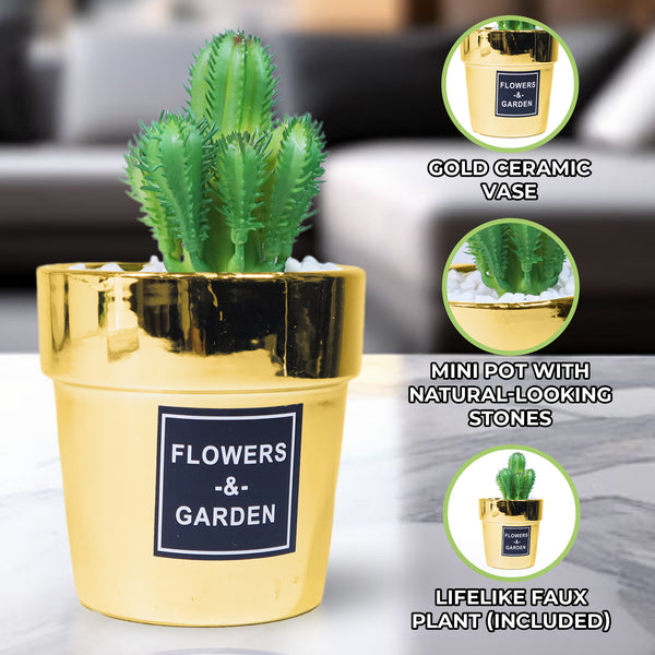 Mini Plant Pot with Cactus Faux Plant for Home or Office Decor Gold Decor Gifts 6 inch, 14 cm