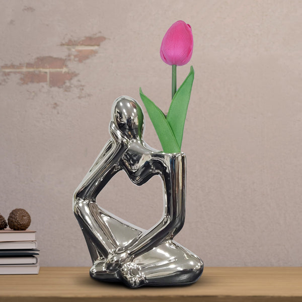Silver Ceramic Chrome Bud Vase With Abstract Thinker Statue And 1 Tulip Stem - Boho Minimalistic Desk Decor
