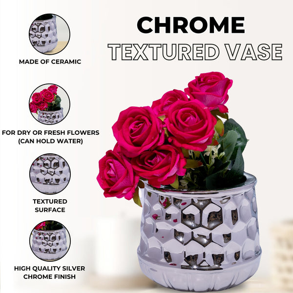 Silver Chrome Ceramic Vase – Geometrical Textured Design For Modern Home Decor, Perfect For Fresh, Dry, Or Fake Flowers