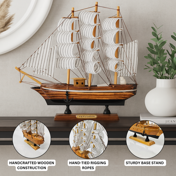 Brown Wooden Sailboat Model With Realistic Cloth Sails - Nautical Marine-Inspired Home Decor
