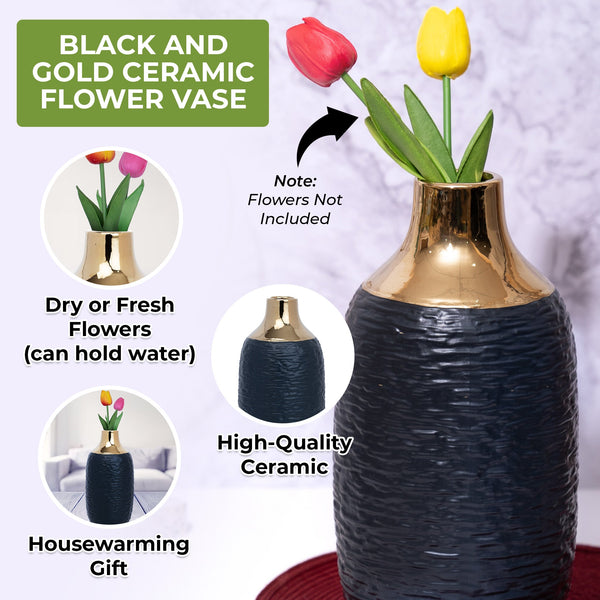 Black Ceramic Vase with Golden Rim, Abstract Finish, Bud Vase, Simple Vase, Fresh Flower Vase, Minimalist Modern Style for Home or Office, Living Room, Bedroom, Kitchen, Bathroom