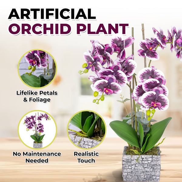 Fake Orchid Plant, With Brick Wall Like Planter, Tabletop Desktop Indoor Faux Plant, Artificial Flowers Decor for Home, Office, Kitchen Counter, Living Room, Coffee Table