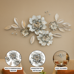Large 1.5m Metal 3D Floral Wall Art Sculpture in Brushed Silver, White & Gold – Modern Flower Wall Decor for Living Room & Bedroom-Sona Casa