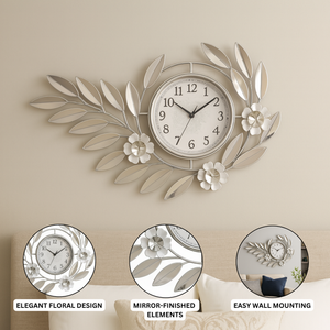 Large Silver Metal Wall Clock, Modern Floral Quartz Decor for Living Room & Home, Analog Decorative Clock-Sona Casa