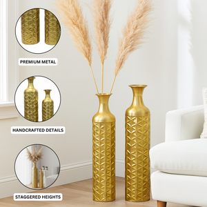 Set of 2 Tall Gold Floor Vases, Modern Geometric Metal Vases for Living Room Decor, Large 98cm & 80cm Tall Vase Pair-Sona Casa