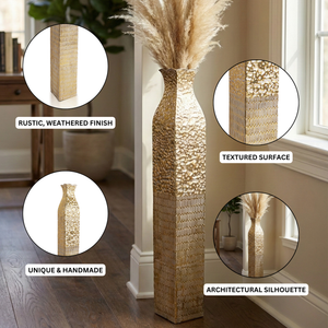 Handmade Rustic Weathered Tall Metal Vases, Extra Large Decorative Floor Vase Set, 42" and 35" Large Flower Pots for Pampas Grass, Home Living Room Decor-Sona Casa