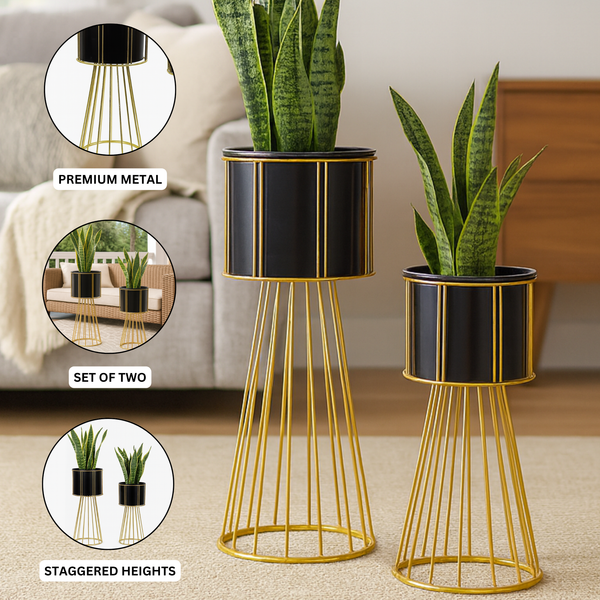 Contemporary Black & Gold Metal Planter Pair, Set of 2 Tall Indoor Plant Stands for Home Decor-Sona Casa