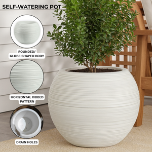 18" Round White Self-Watering Planter Pot with Glazed Wave Pattern, Mid-Century Modern Indoor Outdoor Decor-Sona Casa