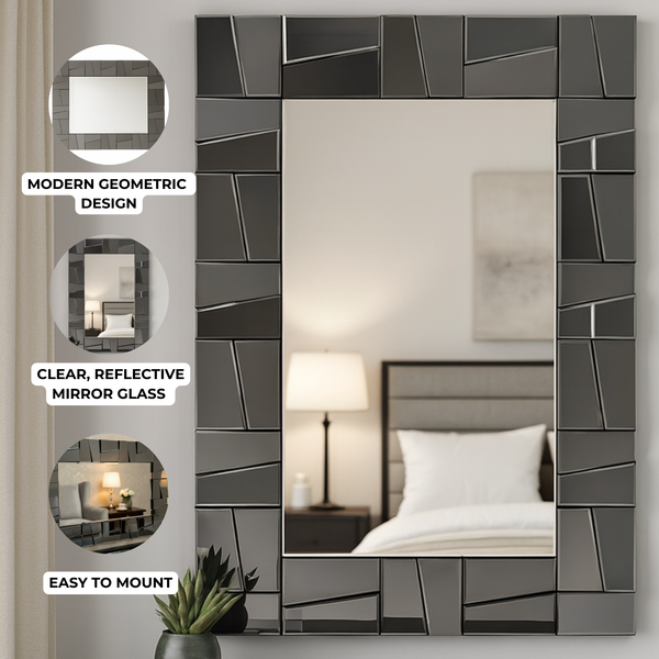 Extra Large 4 ft Grey Glass Mirror, Modern Block Design, Easy to Install Horizontal Vertical Orientation-Sona Casa