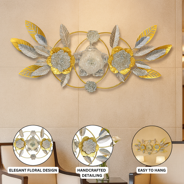Large Gold Metal Wall Decor with Floral and Leaf Motif, 18 x 50 inch Elegant 3D Botanical Sculpture Home Office Decor-Sona Casa