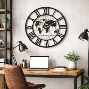 Round Metal Wall Clock, Black Embedded World Map, 24" Silent Roman Numeral Decorative Clock, Home Office Decor-Sona Casa