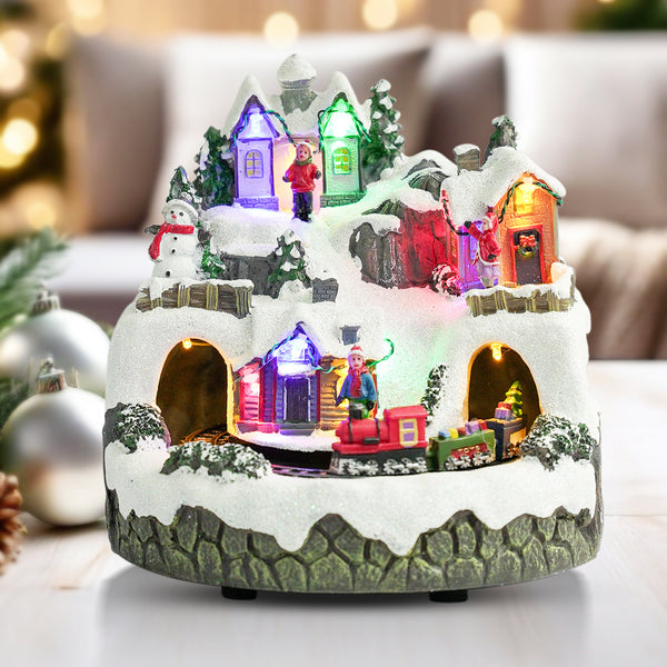 Illuminated Musical Christmas Village Set With Animated Carousel, Train Station & Figurines, LED Light-Up White Houses, Holiday Tabletop Decor