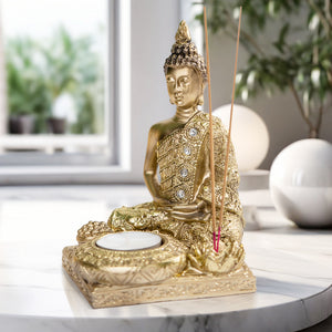 Golden Buddha Statue & Incense Holder, 6" Tabletop Decor by Sona Casa