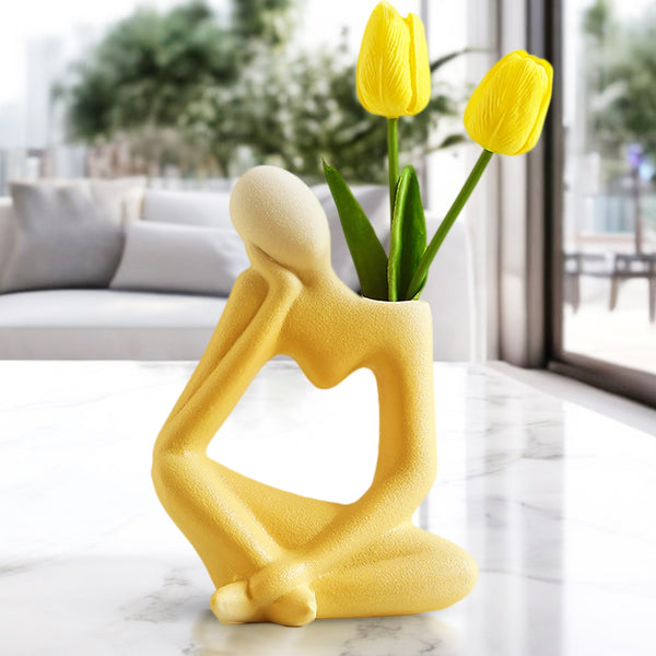 Abstract Ceramic Yellow Bud Vase With 1 Tulip Stem - Boho Minimalist Decor For Coffee & Entry Tables