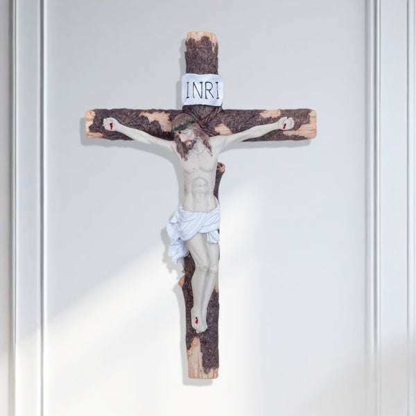 Divine Savior White And Brown Polyresin Jesus On Cross Wall Decor - Christian Easter Essence