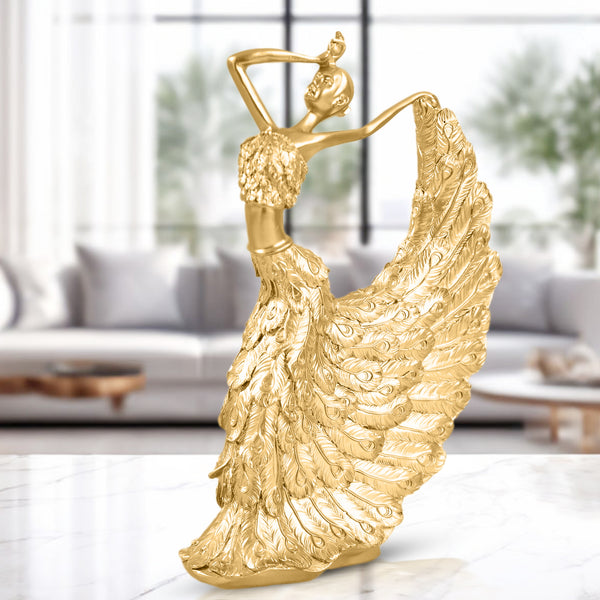 Golden Peacock Feather Polyresin Figurine - Elegant Shelf And Table Decor For A Modern Touch