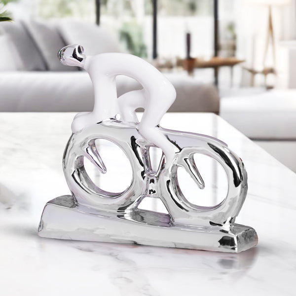 Abstract Cyclist Sculpture, White Silver Ceramic, Living Room Console Table Decor Piece