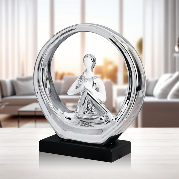 Elegant Ceramic White & Silver Chrome Yoga Girl Pose Statue - Perfect For Meditation Decor & Inspirational Fitness Gift