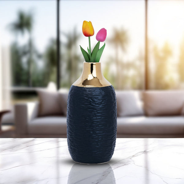 Black Ceramic Minimalist Vase With Golden Rim - Modern Bohemian Decor For Home, Perfect For Fresh And Faux Flowers