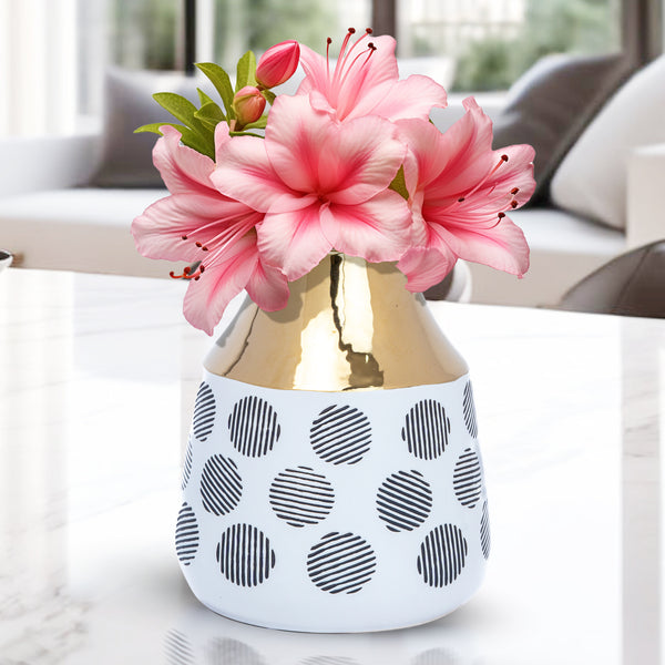 White Ceramic Bouquet Vase With Black Abstract Design And Golden Rim - Perfect For Fresh, Dry And Fake Flowers - Modern Centerpiece For Coffee Table, Mantel, And Entryway Decor