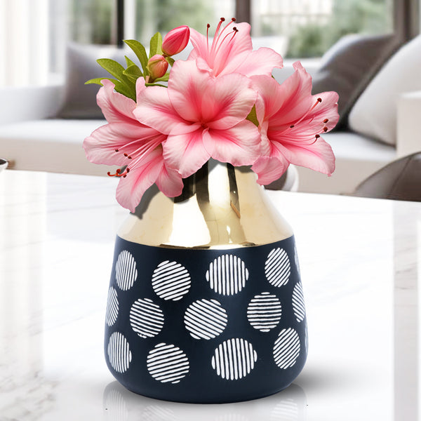 Black Ceramic Tulip Vase With White Abstract, Golden Rim - Modern Farmhouse Decor For Tables