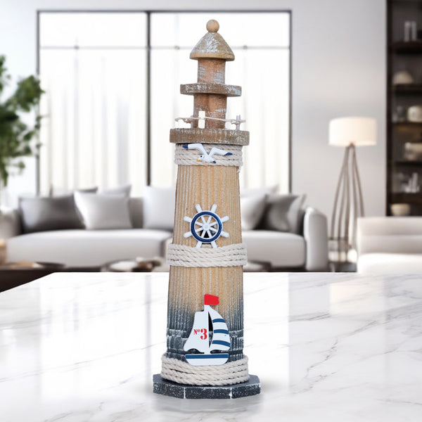 Rustic Brown Wood Miniature Lighthouse Model - Coastal Nautical Marine Desk Statue & Housewarming Gift