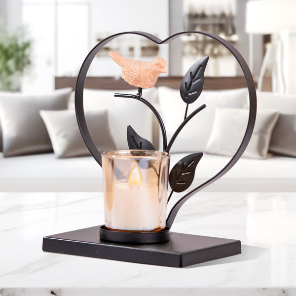 Black Metal Tealight Holder With Bird - Nature-Inspired Glass Decor For Tables